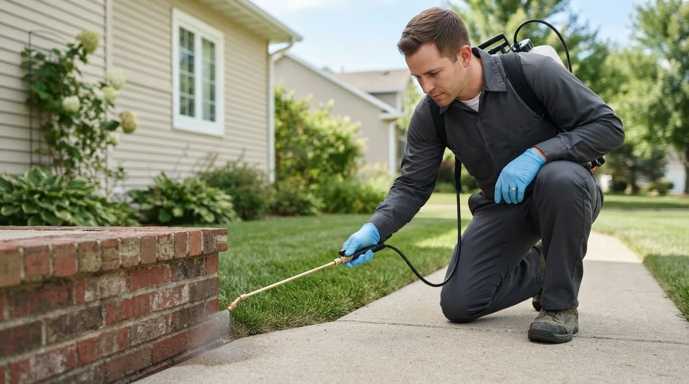 Pest control technician treating a home near Barwick, GA